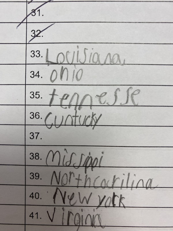 relatable memes - handwriting - 31. 32. 33. Louisiana 34. Onio 35. tennesse 36. Cuntucky 37. 38. Missippi 39. North cariling 40. New York 41. Virgina