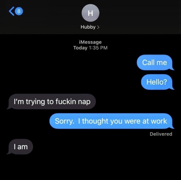 relatable memes - starts dry humping you meme - 8 H Hubby > I am iMessage Today I'm trying to fuckin nap Call me Hello? Sorry. I thought you were at work Delivered