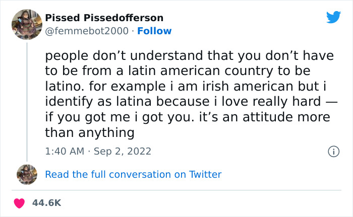 people don't understand that you don't have to be from a latin american country to be latino. for example i am irish american but i identify as latina because i love really hard if you got me i got you. it's an att