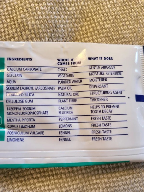 “My toothpaste says where the ingredients comes from and what they do.”