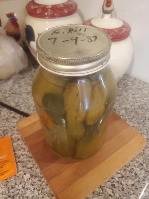 “While helping my mom pack, we found an unopened jar of pickles from 1987.”
