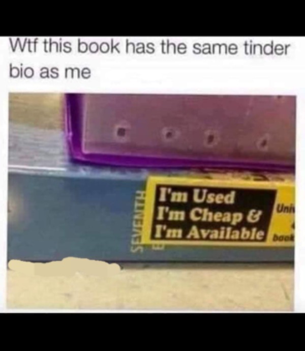 spicy sex memes - vehicle registration plate - Wtf this book has the same tinder bio as me Hingass Uni I'm Used I'm Cheap & I'm Available book