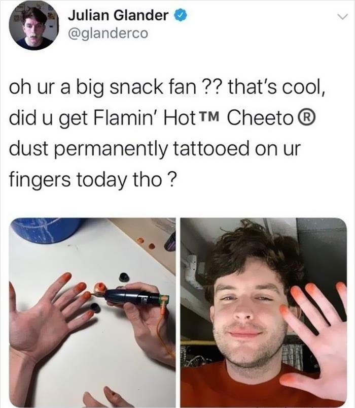 guy with cheeto dust tattoo - J