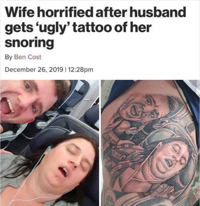 husband and wife tattoo - Wife horrified after husband gets 'ugly' tattoo of her snoring