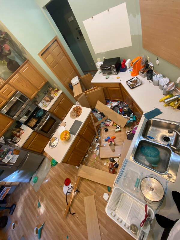 “The cabinets in my kitchen randomly decided to fall off the wall, shattering all of the dishes inside.”