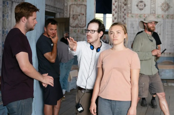 Director Ari Aster points Florence Pugh and her iconic frown in the right direction for a scene in Midsommar (2019):