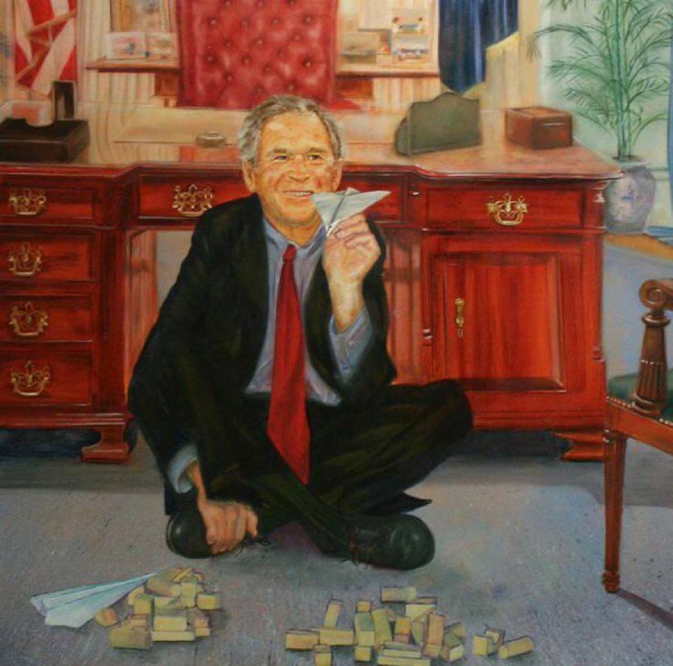 Jeffrey Epstein had this painting in his Manhattan home, It shows Bush playing with paper crashing into Jenga towers – Petrina Ryan-Kleid, War Games (2012).The artist didn’t even know he ended up with her work. She also painted bill Clinton in the blue dress.