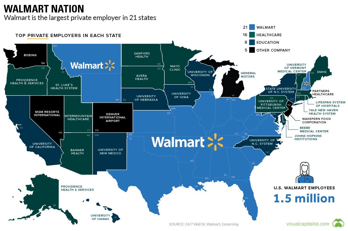 fascinating photos - united states of america map 4 - colorful usa - Walmart Nation Walmart is the largest private employer in 21 states Top Private Employers In Each State Boeing Ca Wa Or Providence Health & Services Mt Mgm Resorts International St. Luke