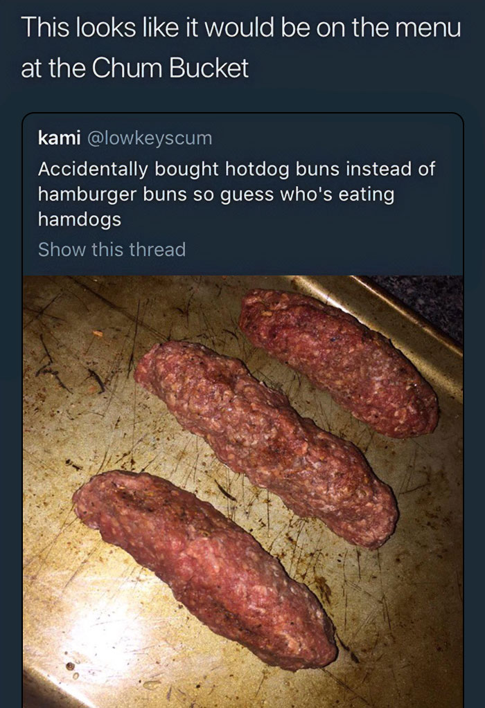 savage roasts - hamdog meme - This looks it would be on the menu at the Chum Bucket kami Accidentally bought hotdog buns instead of hamburger buns so guess who's eating hamdogs Show this thread