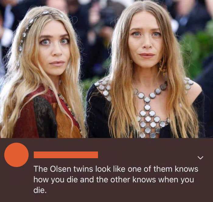 savage roasts - olsen twins meme - The Olsen twins look one of them knows how you die and the other knows when you die.