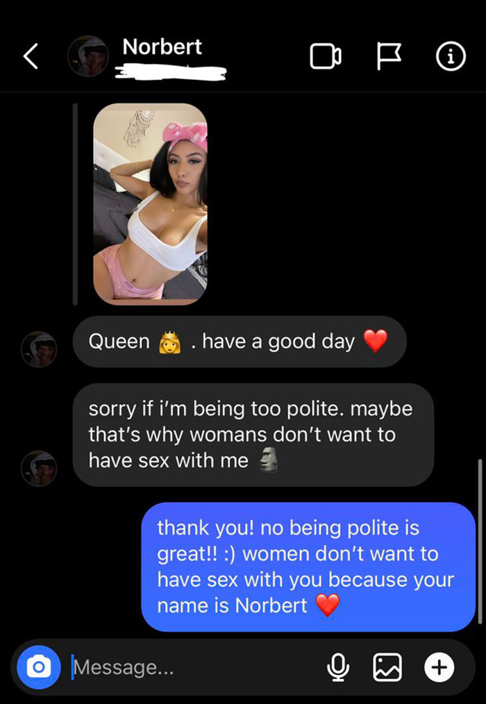 savage roasts - screenshot - O Norbert Queen Of have a good day sorry if i'm being too polite. maybe that's why womans don't want to have sex with me Message... thank you! no being polite is great!! women don't want to have sex with you because your name 