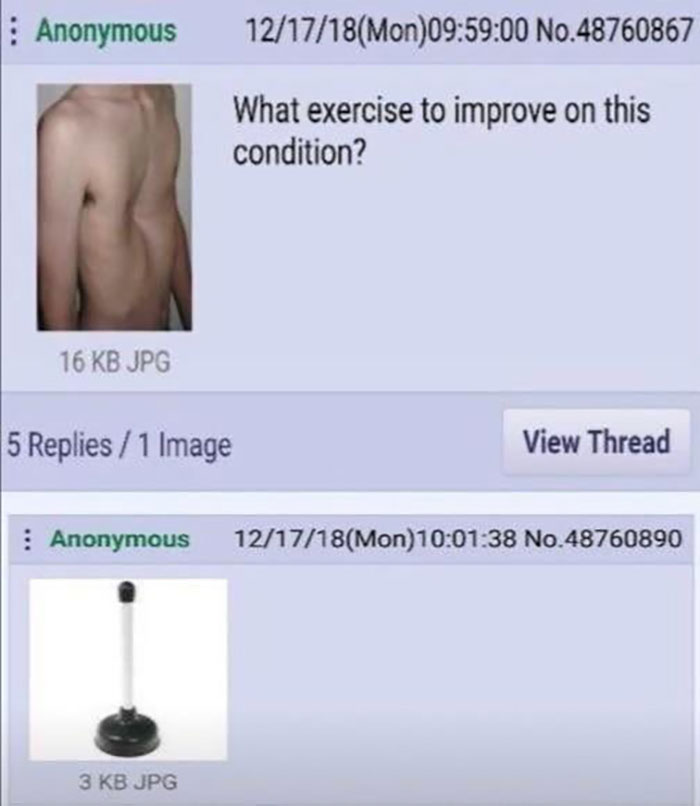 savage roasts - 4chan plunger chest - Anonymous 16 Kb Jpg 121718Mon00 No.48760867 What exercise to improve on this condition? 5 Replies1 Image 3 Kb Jpg View Thread Anonymous 121718Mon38 No.48760890