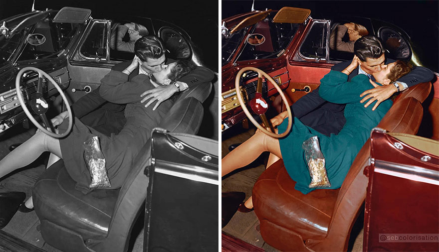 colorized historical pictures - kissing in drive in movie - E Gemmer 16