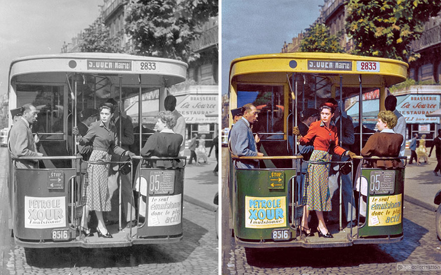 colorized historical pictures - paris old bus