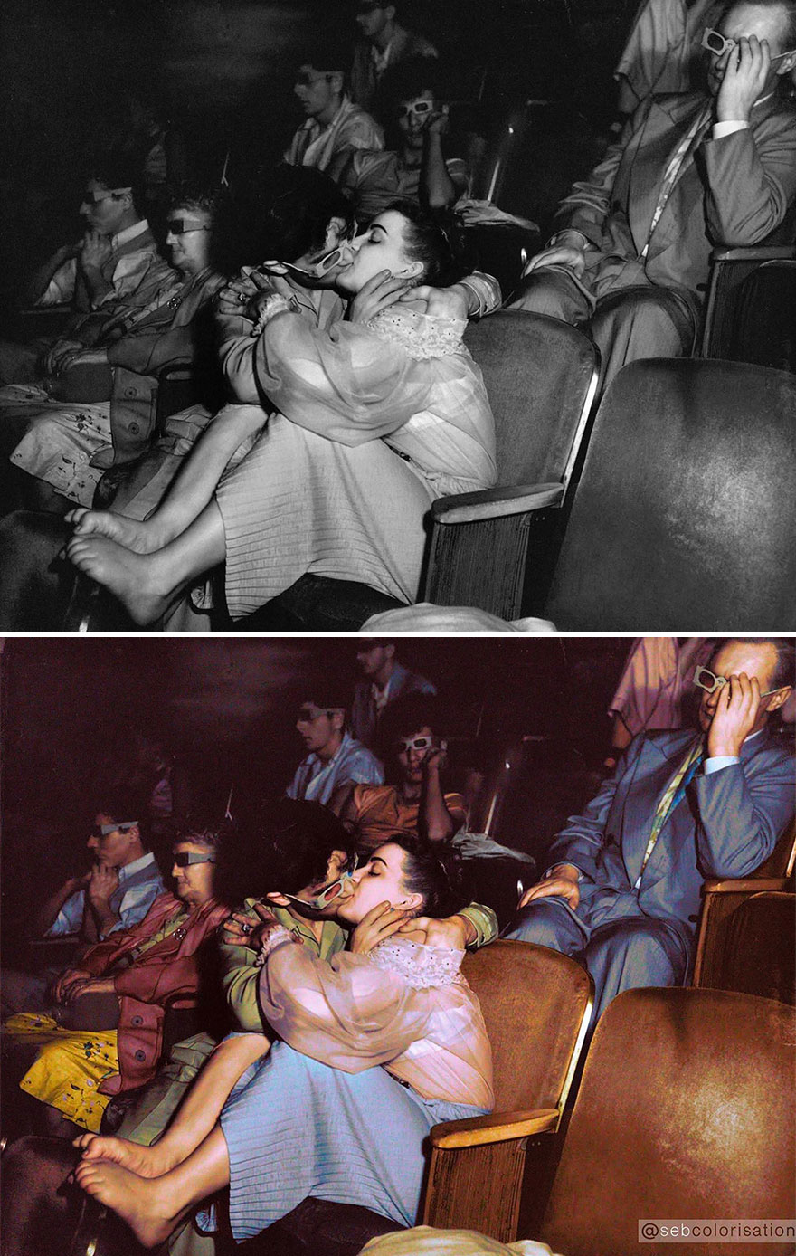 colorized historical pictures - lovers at the palace theater weegee - gm 9
