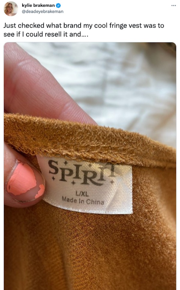 savage tweets - close up - kylie brakeman Just checked what brand my cool fringe vest was to see if I could resell it and.... Spiri LXl Made In China wawny