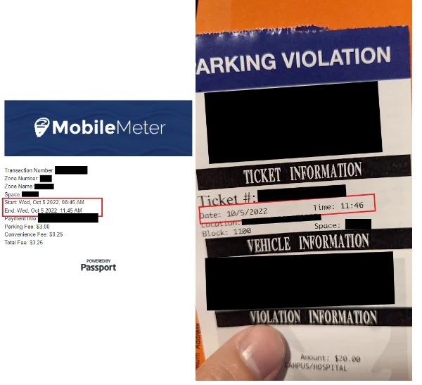 “Got a parking ticket at 11:46 for a meter that expired at 11:45.”