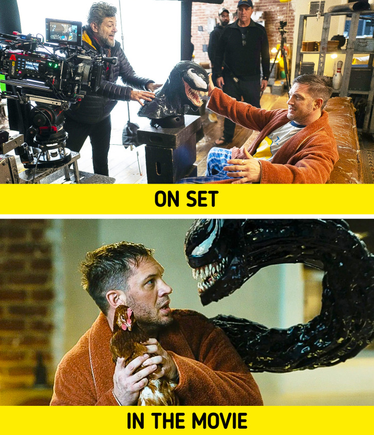 Tom Hardy and Venom figure face to face during filming and in Venom: Carnage (2021).