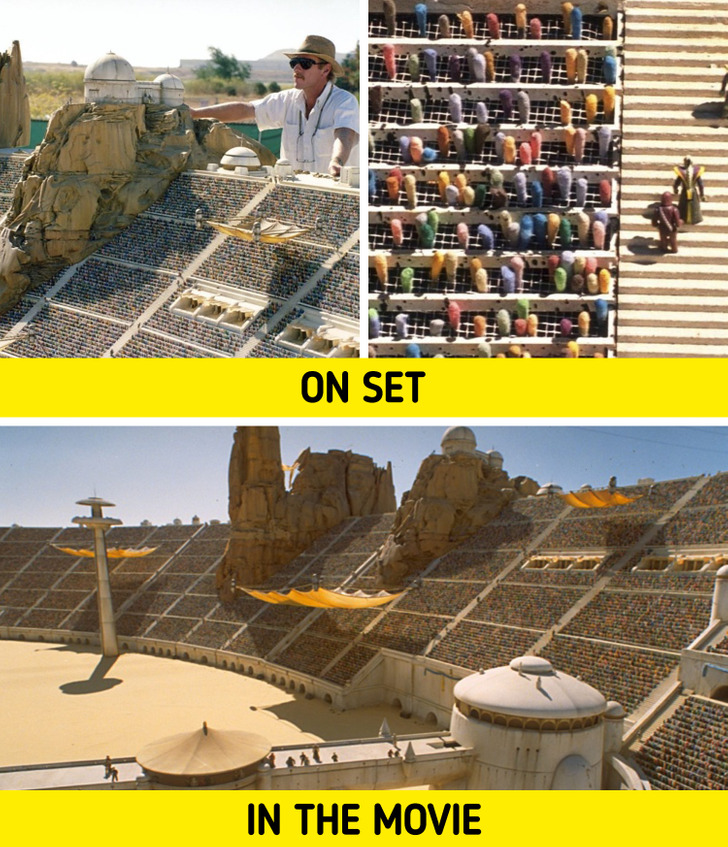 Production used a scale model to portray the large crowd shots in Star Wars: The Phantom Menace (1999).