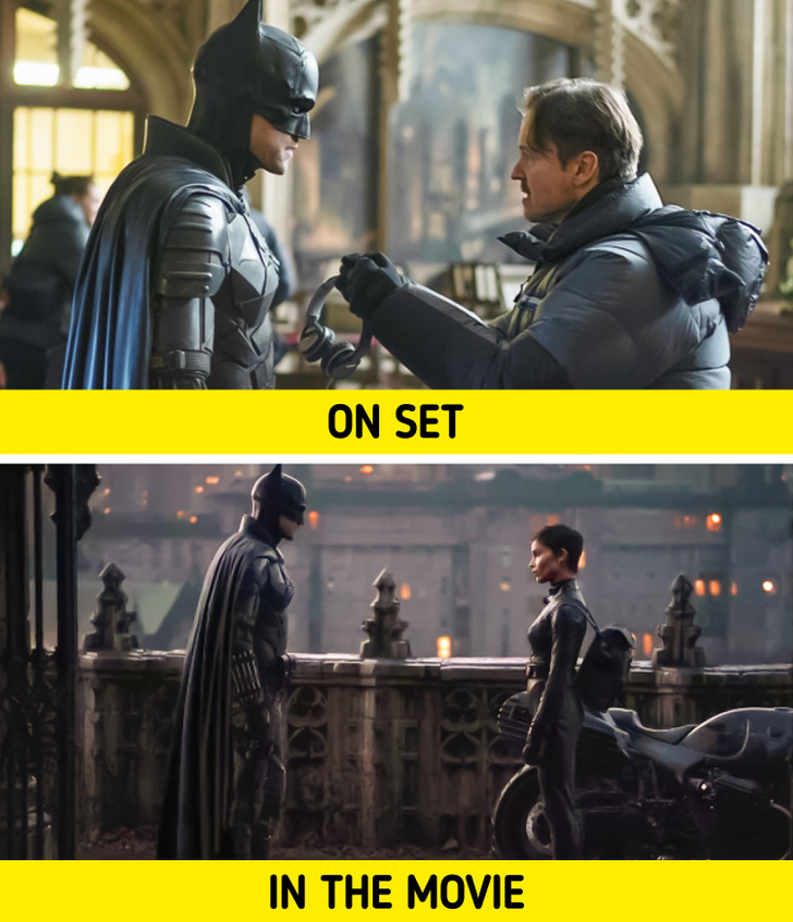 In the first photo, director Matt Reeves gives directions to Robert Pattinson during the filming of Batman (2022).