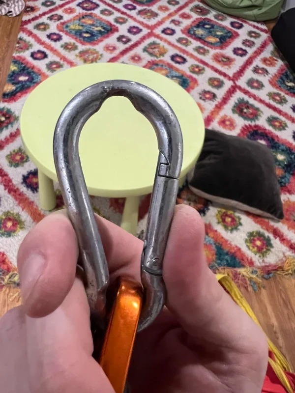 “The carabiner from my kids’ play swing after 9 years of use.”