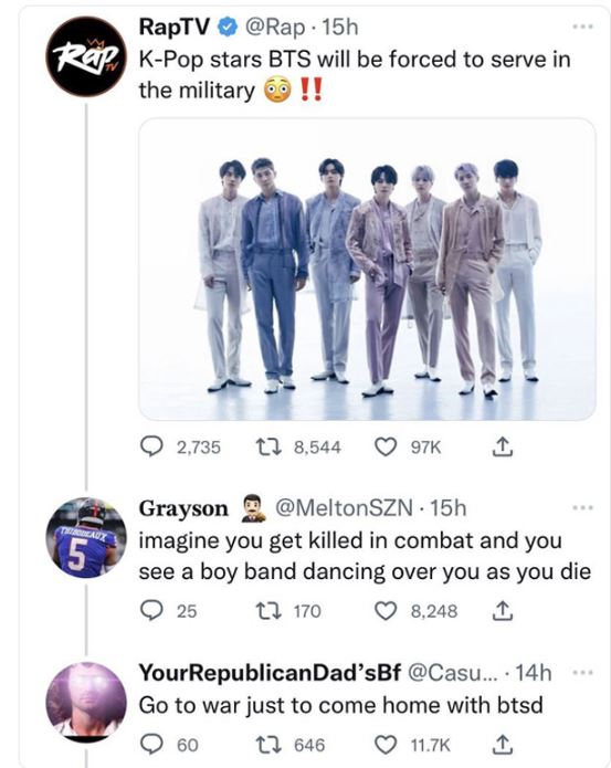 brutal comments - bts proof - RapTV 15h Rap KPop stars Bts will be forced to serve in the military !! Thereaux 5 2,735 t 8, Grayson . 15h imagine you get killed in combat and you see a boy band dancing over you as you die 25 8,248 170 YourRepublican Dad's