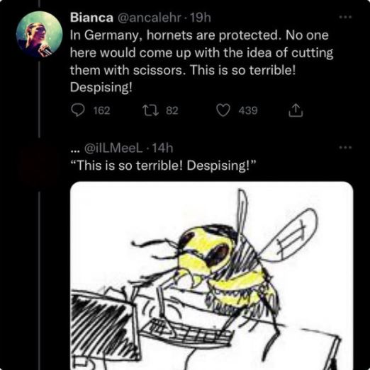 brutal comments - cartoon - Bianca In Germany, hornets are protected. No one here would come up with the idea of cutting them with scissors. This is so terrible! Despising! 162 182 439 ... 14h "This is so terrible! Despising!"