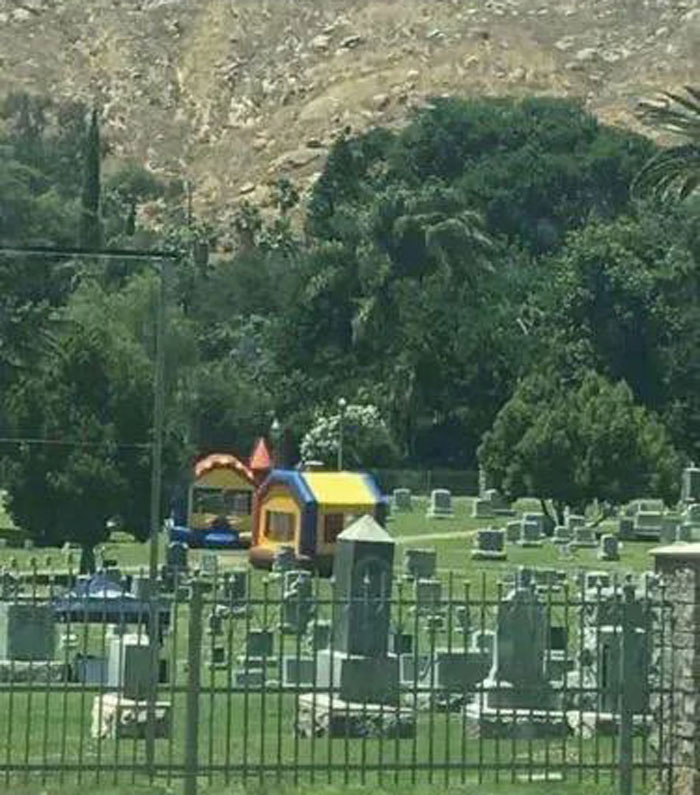 bounce house in cemetery