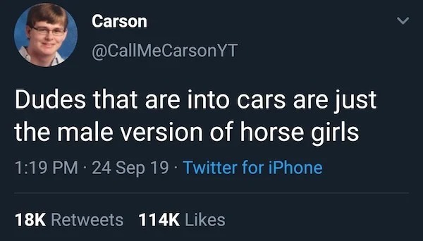 funny memes - instagram facts quotes - Carson Yt Dudes that are into cars are just the male version of horse girls 24 Sep 19 Twitter for iPhone 18K