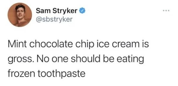 funny memes - tammy abraham twitter - Sam Stryker Mint chocolate chip ice cream is gross. No one should be eating frozen toothpaste ww