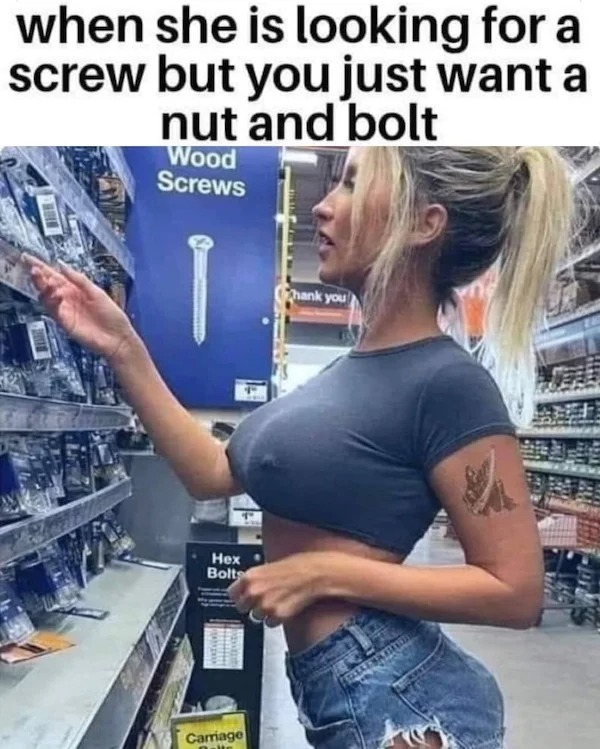 Humor - when she is looking for a screw but you just want a nut and bolt Im Wood Screws Hex Bolto Carriage Thank you