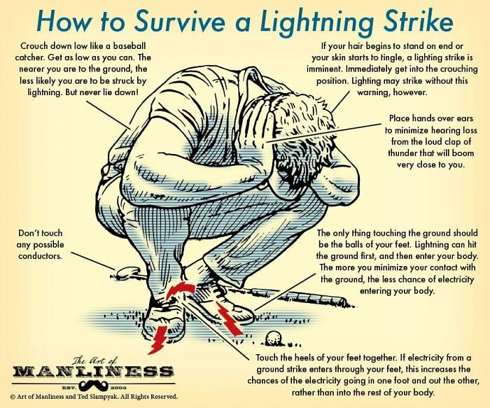 Survival Tips And Tricks - survive a lightning strike - How to Survive a Lightning Strike Crouch down low a baseball catcher. Get as low as you can. The nearer you are to the ground, the less ly you are to be struck by lightning. But never lie down! Don't