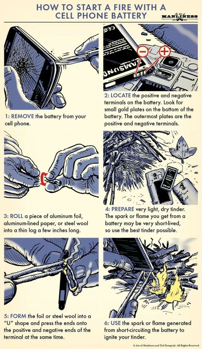 Survival Tips And Tricks - fire using battery foil - How To Start A Fire With A Cell Phone Battery 1 Remove the battery from your cell phone. 3 Roll a piece of aluminum foil, aluminumlined paper, or steel wool into a thin log a few inches long. 5 Form the