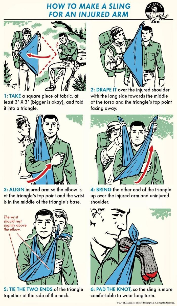 Survival Tips And Tricks - clothing - How To Make A Sling For An Injured Arm lat 1 Take a square piece of fabric, at least 3' X 3' bigger is okay, and fold it into a triangle. The wrist should rest slightly above the elbow. 3 Align injured arm so the elbo