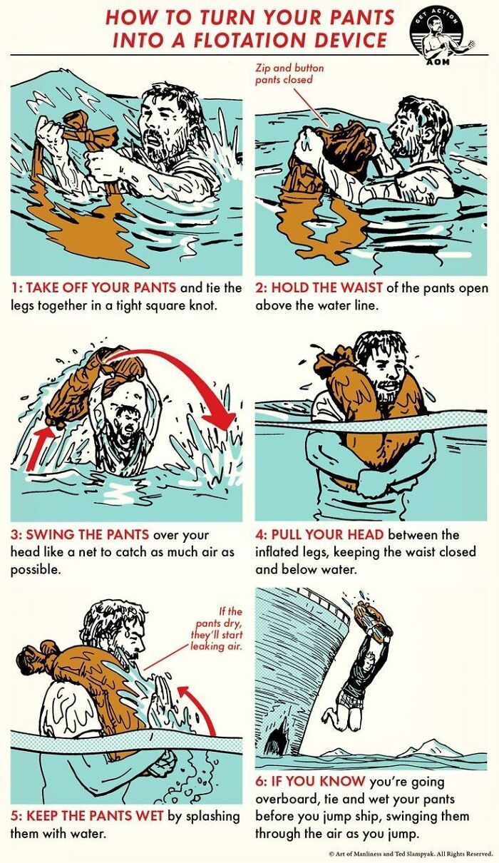 Survival Tips And Tricks - cartoon - How To Turn Your Pants Into A Flotation Device eine 3 Swing The Pants over your head a net to catch as much air as possible. Zip and button pants closed 1 Take Off Your Pants and tie the 2 Hold The Waist of the pants o