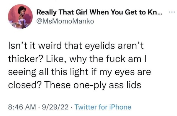 Truth memes - Photograph - Really That Girl When You Get to Kn... Isn't it weird that eyelids aren't thicker? , why the fuck am I seeing all this light if my eyes are closed? These oneply ass lids 92922 Twitter for iPhone