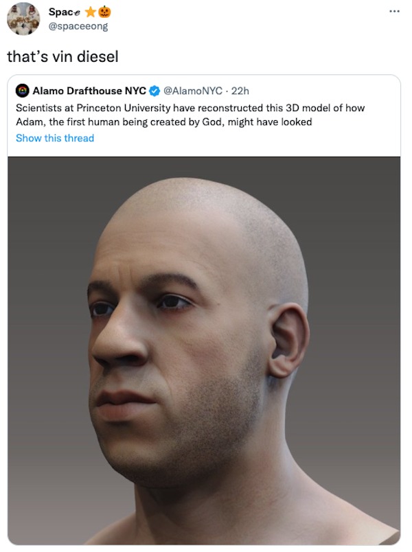 funny tweets - Vin Diesel - Space that's vin diesel Alamo Drafthouse Nyc 22h Scientists at Princeton University have reconstructed this 3D model of how Adam, the first human being created by God, might have looked Show this thread ...
