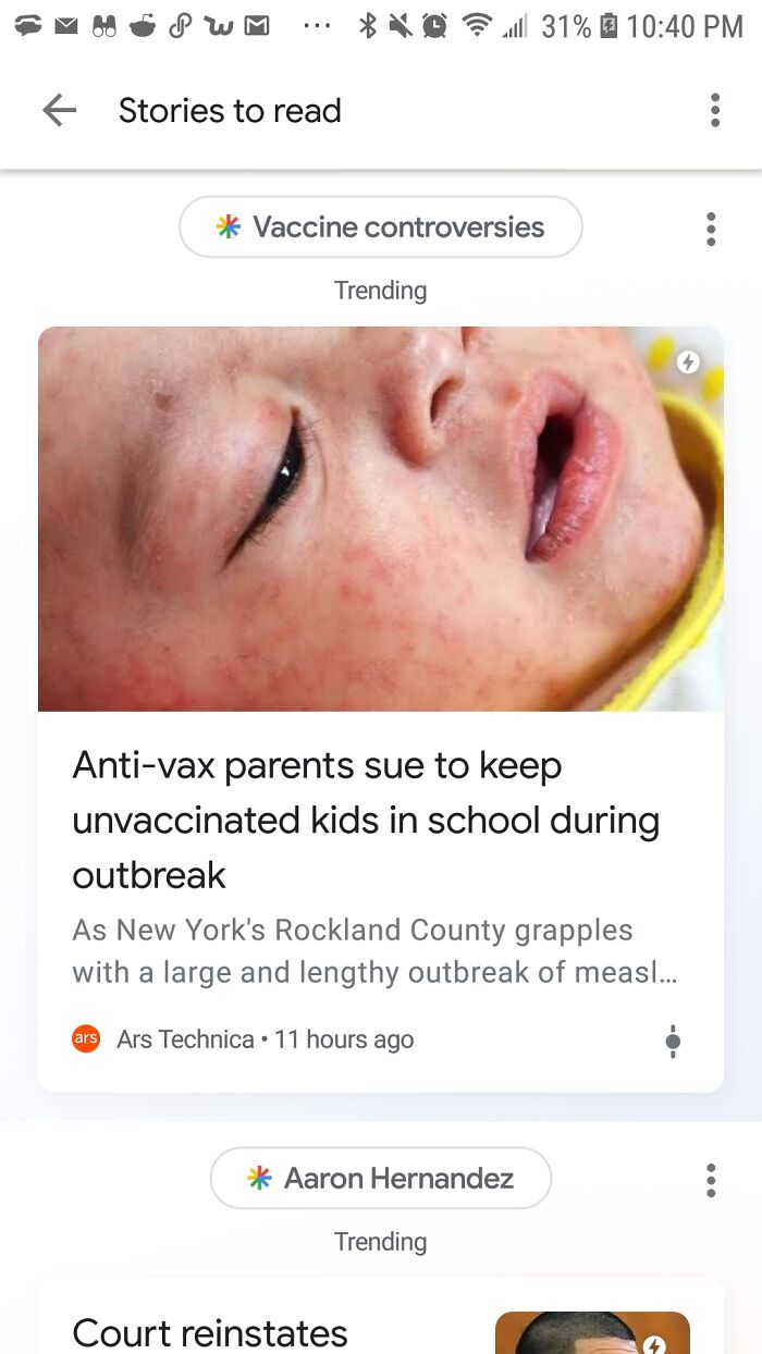 Messed up headlines - lip - Stories to read 31% Vaccine controversies Trending Antivax parents sue to keep unvaccinated kids in school during outbreak As New York's Rockland County grapples with a large and lengthy outbreak of measl... ars Ars Technica 11