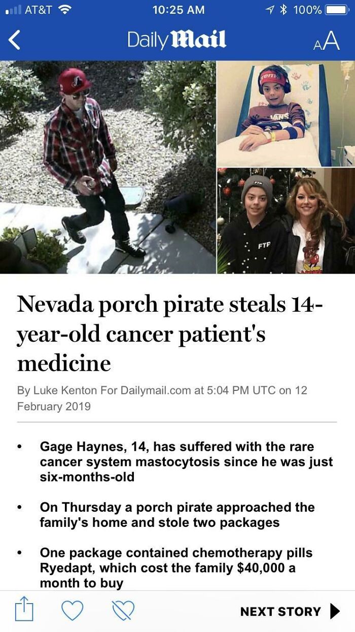 Messed up headlines - winter - At&T Daily Mail em Vans Nevada porch pirate steals 14 yearold cancer patient's medicine By Luke Kenton For Dailymail.com at Utc on 100% Aa Gage Haynes, 14, has suffered with the rare cancer system mastocytosis since he was j