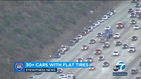 People who had a bad day - more than 30 drivers got flat tires along 405 freeway during morning commute - 405 30 Cars With Flat Tires Eyewitness News 7 abc