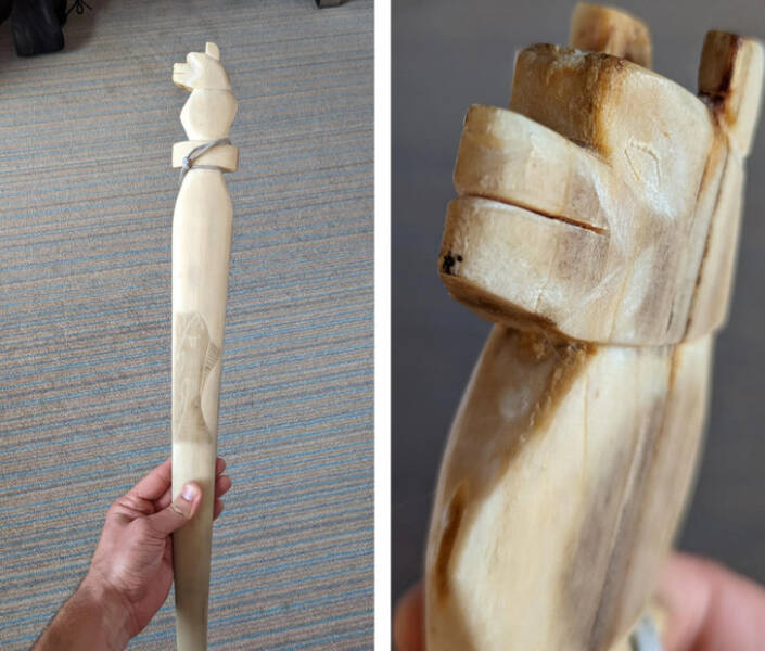 “Carved piece purchased from an antique shop in Poland. What is it and what could it be carved out of?”

Answer: “Rib bone from a whale”