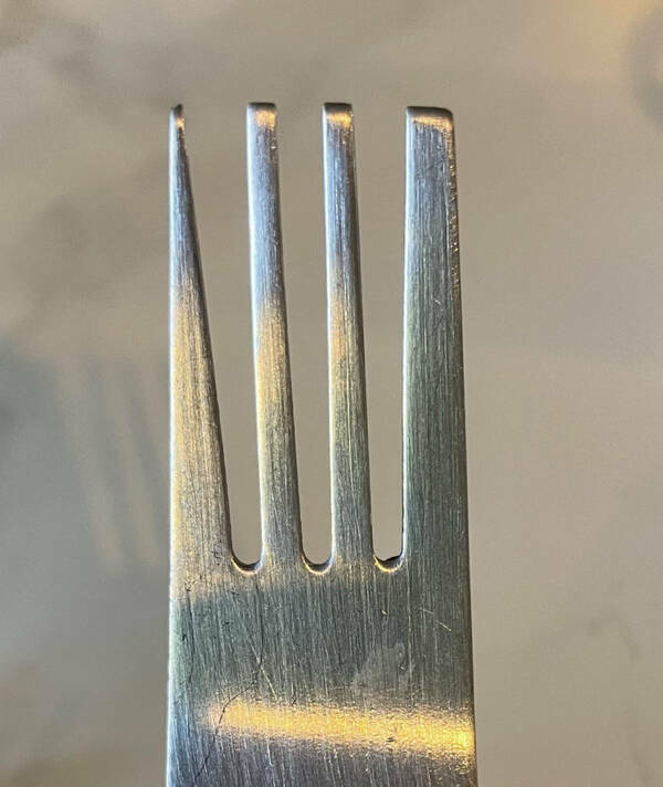 “A fork with tines of varying width — what is this used for?”

Answer: "It looks like a failure of quality control. When the punch came down to cut the slots, the fork blank wasn’t all the way in and was a bit cockeyed. If quality control wasn’t having an off day, it would have ended up in the bin."