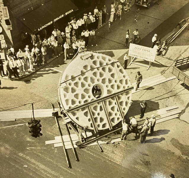 “Photos found from my grandpa’s collection show some sort of disc with holes being erected in a city center.”

Answer: "It’s related to the Hale Reflecting Telescope at Palomar."