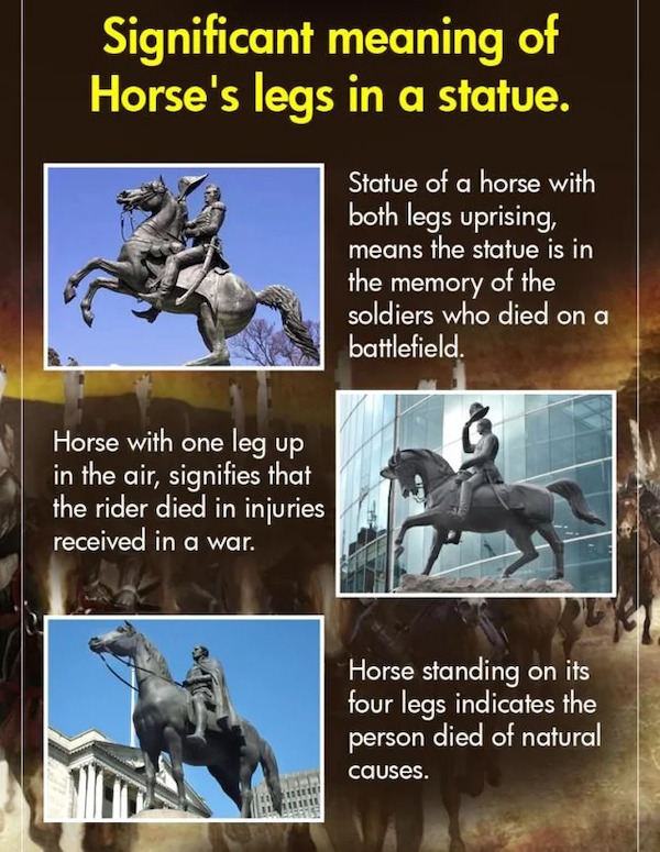 jackson square - Significant meaning of Horse's legs in a statue. Horse with one leg up in the air, signifies that the rider died in injuries received in a war. Statue of a horse with both legs uprising, means the statue is in the memory of the soldiers w