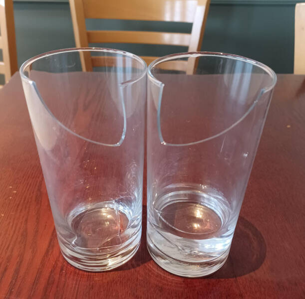 “I broke 2 glasses at work today, but they both broke exactly mirrored of each other.”