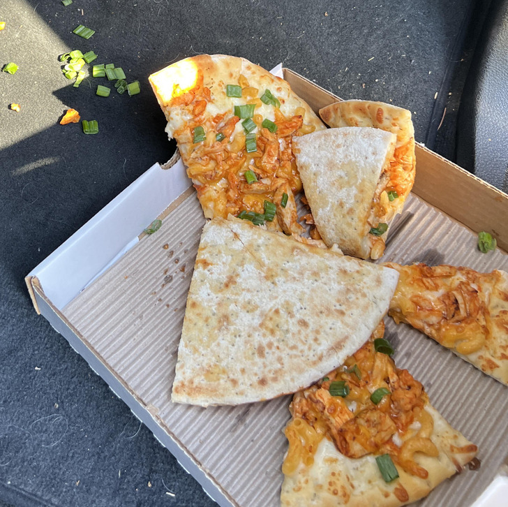 “Someone cut me off and brake-checked me, sending my pizza flying into the footwell.”