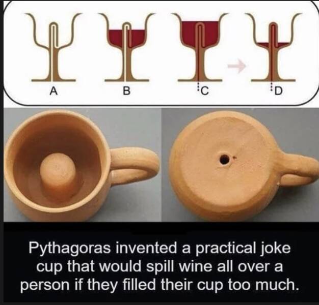 WTF Things That Actually Exist - invented a practical joke cup that would spill wine all over a person if they filled their cup too much.