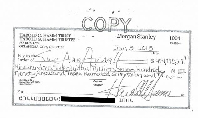 fascinating photos - harold hamm divorce check - Hec... Terror Harold G. Hamm Trust Harold G. Hamm Trustee Po Box 1295 Oklahoma City, Ok 73101. Pay to the Order of Umb Bank, Na Kamas City, Mo 64106 13006581463 For Sue Ann Arnall $974,790317. Nine Hundred 