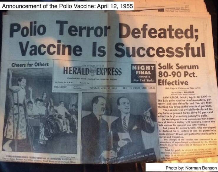 Polio vaccine - Announcement of the Polio Vaccine Polio Terror Defeated; Vaccine Is Successful Hol Cheers for Others Herald Express Kebe Yol Doxy s or Pte Facing Tuesday, Aprilie Is Night Salk Serum Final 8090 Pct. Effective Complete New York Stocks Full 