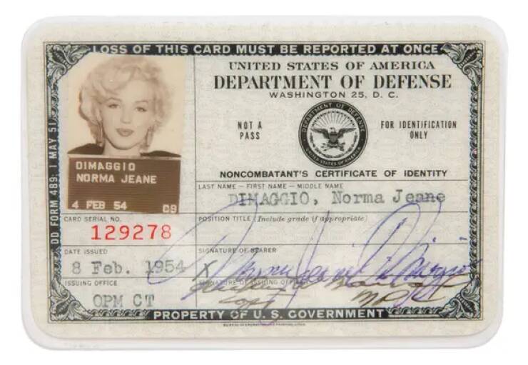 marilyn monroe id card - Dd Form 489; 1 May 51 Loss Of This Card Must Be Reported At Once United States Of America Department Of Defense Washington 25, D. C. Dimaggio Norma Jeane Feb 54 Card Serial No. Cb 129278 Date Issued 8 Feb. 1954 Issuing Office Opm 